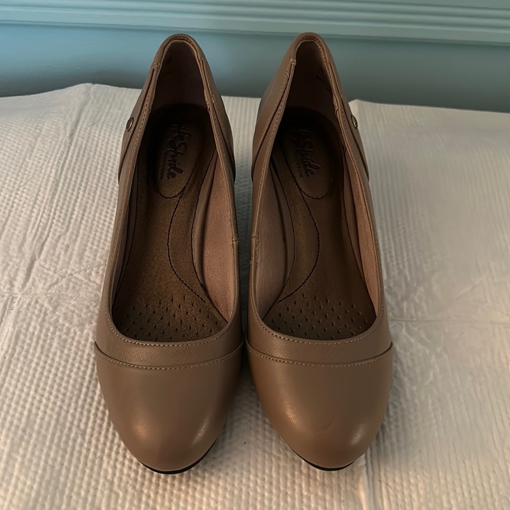 Beige Closed Toe Wedges